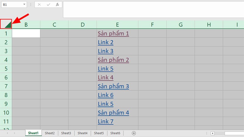 Mở file Excel  Nhấn tổ hợp phím Ctrl + A hoặc click vào biểu tượng hình tam giác như trong hình để chọn cả sheet Excel