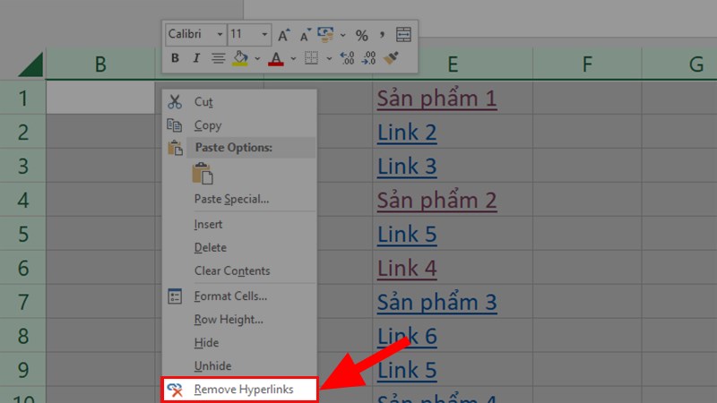 Nhấn chuột phải vào vùng được chọn  Chọn Remove Hyperlinks để xóa toàn bộ link ra khỏi sheet Excel