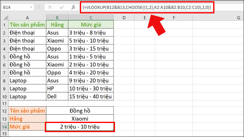 Cách sử dụng hàm VLOOKUP cùng với CHOOSE và công thức mảng