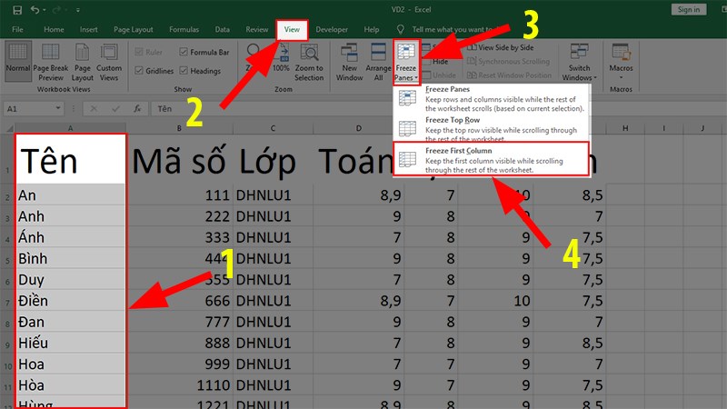 Vào thẻ View > Chọn Freeze First Columns