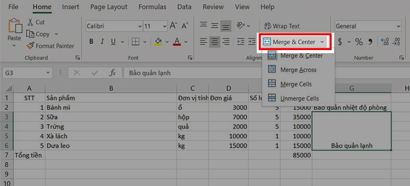 Click vào Merge & Center