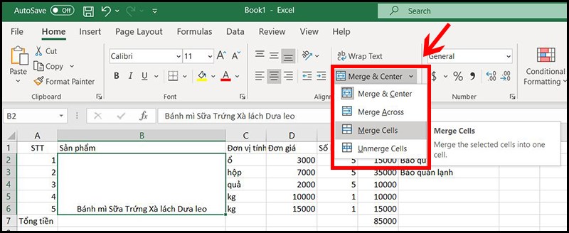 Click vào Merge and Center hoặc Merge Cells