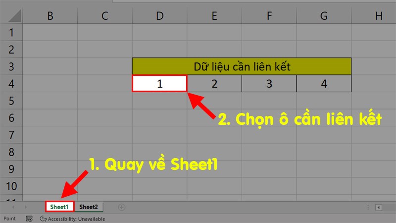 Nhấn chọn Sheet1 để mở Sheet1 > Nhấn chuột trái vào ô muốn liên kết dữ liệu > Nhấn Enter để hiển thị dữ liệu