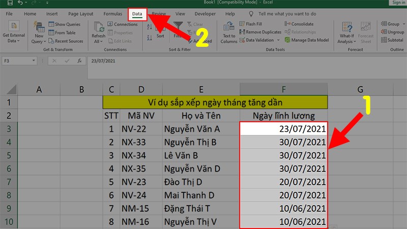 Tô chọn phần dữ liệu ngày, tháng, năm cần sắp xếp  Chọn thẻ Data