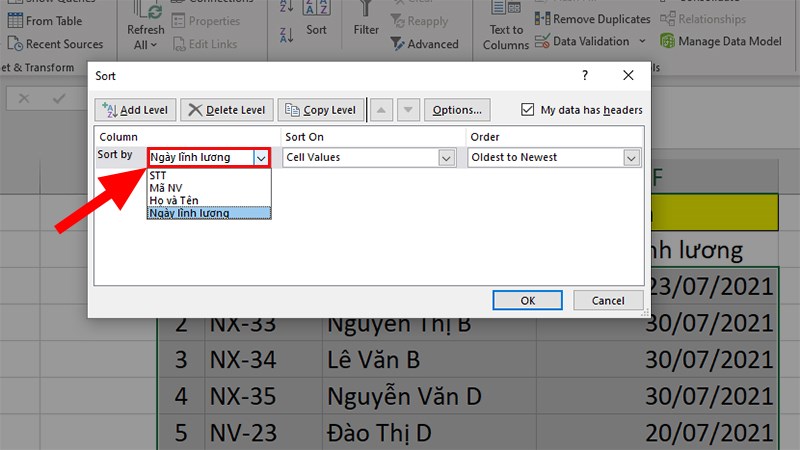 Ở hộp thoại hiện lên  Đi đến phần Sort by  Chọn Ngày lĩnh lương