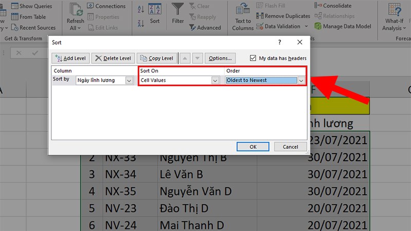 Ở phần Sort On  Bạn chọn Values  Tiếp đến phần Order  Chọn Oldest to Newest  Nhấn OK