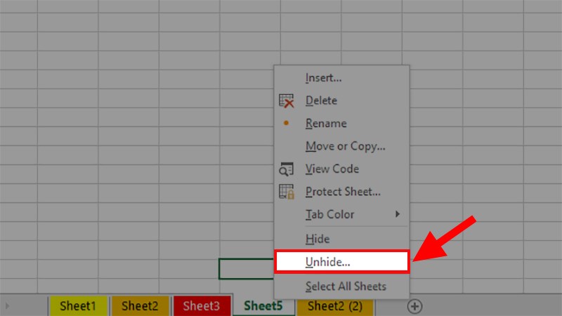 Click chuột phải vào 1 Worksheet bất kỳ > Chọn Unhide