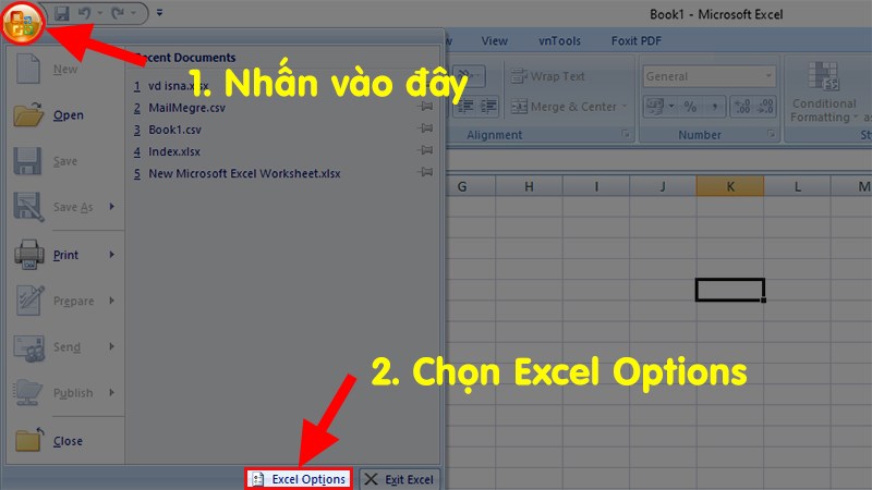 Mở file Excel > Nhấn vào Microsoft Button > Nhấn vào mục Excel Options