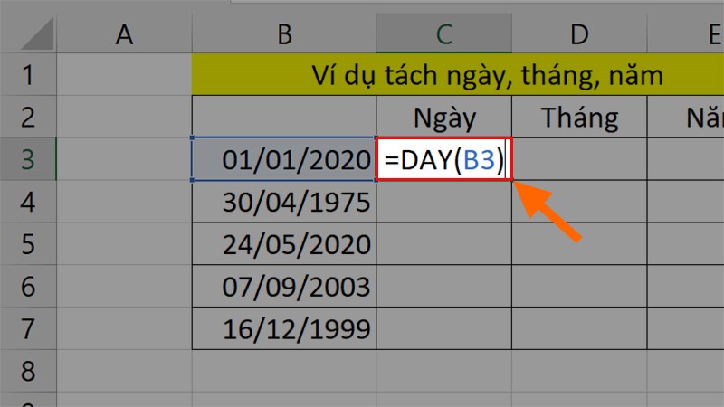 Nhập công thức =DAY(A3) vào ô đầu tiên của cột Ngày