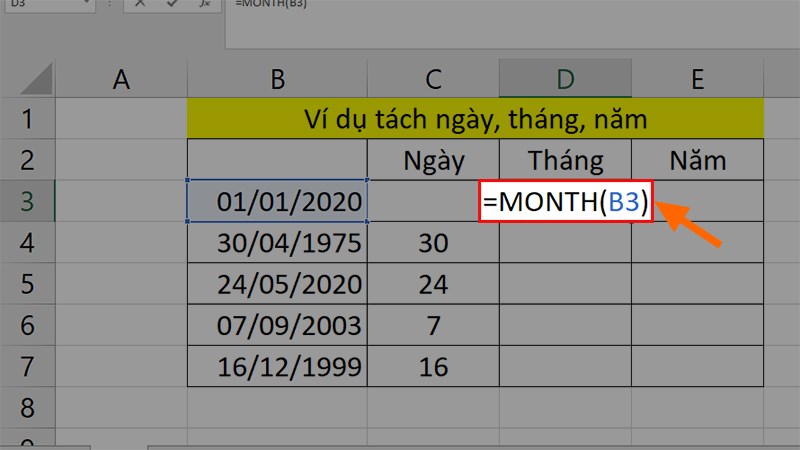 Nhập công thức =MONTH(B3) vào ô đầu tiên của cột Tháng