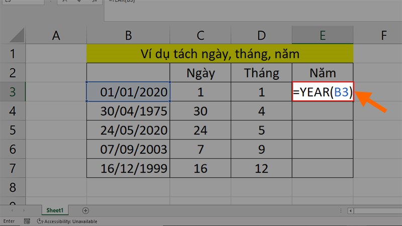 Nhập công thức =YEAR(B3) vào ô đầu tiên của cột Năm