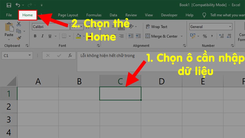 Chọn ô cần nhập dữ liệu trong Excel  Chọn thẻ Home