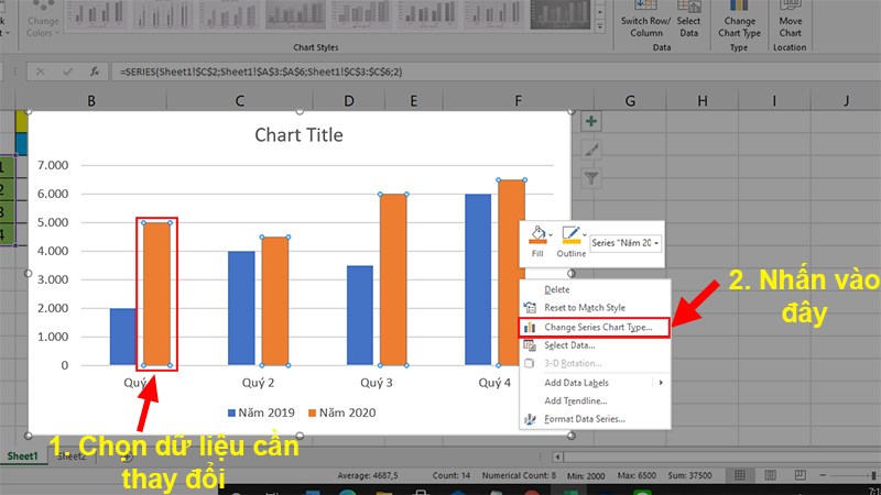 Chọn dữ liệu thứ 2 có trong bảng  Nhấn chuột phải  Chọn Change Series Chart Type