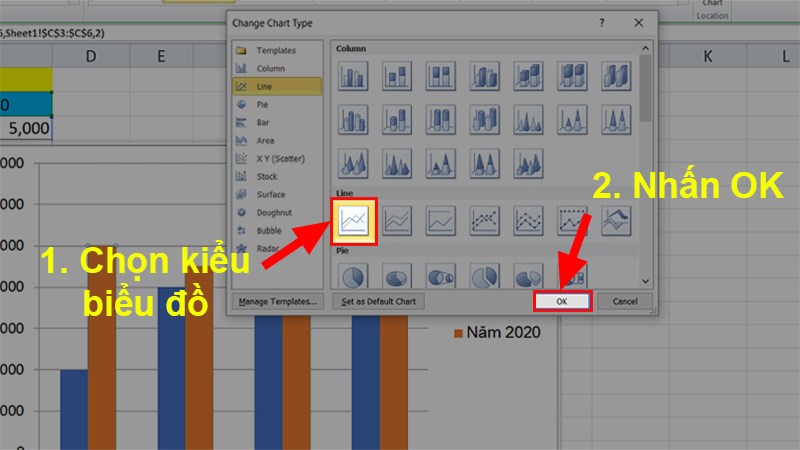 Chọn kiểu biểu đồ theo yêu cầu của ví dụ  Nhấn OK