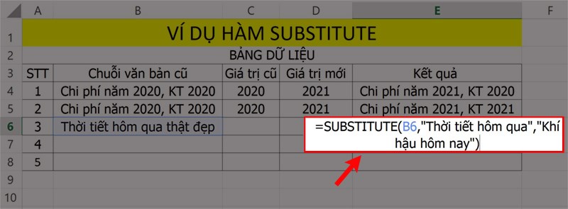 Ví dụ minh họa hàm SUBSTITUTE để thay thế cả đoạn văn bản.