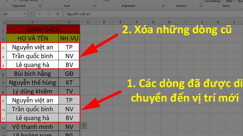 Xóa các dòng gốc mà bạn vừa di chuyển tới chỗ mới