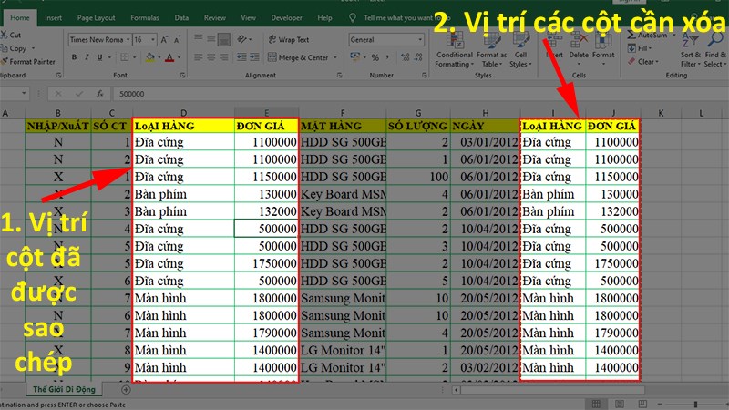 Xóa các cột gốc mà bạn vừa di chuyển tới chỗ mới