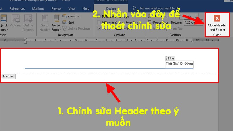 Kiểu gạch ngang sẽ hiện ra như trong hình > Nhập tiêu đề vào phần Document Title > Nhấn vào Close Header & Footer để tắt chỉnh sửa