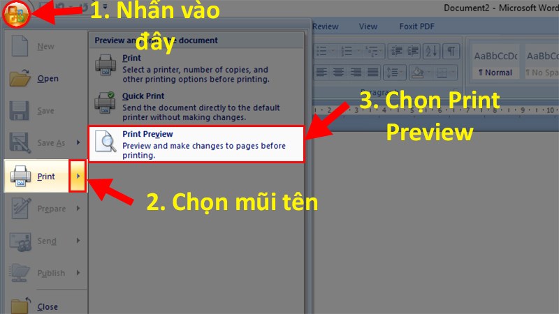 Mở file Word 2007 cần xem trước khi in > Nhấp chọn nút Microsoft Button > Chọn mũi tên ở phần Print Preview