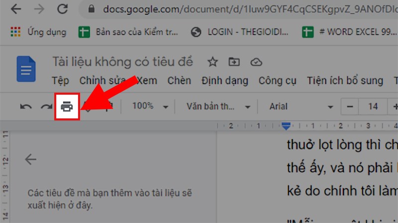 Mở trang Google Docs cần xem trước khi in > Nhấn vào phần Print