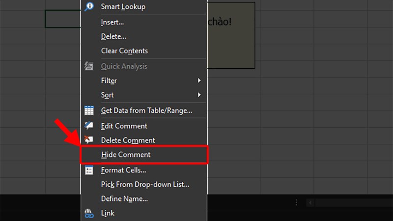 Chọn Hide Comment để ẩn Comment