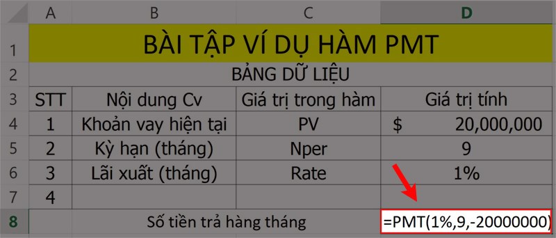 Bài tập hàm PMT trong Excel.