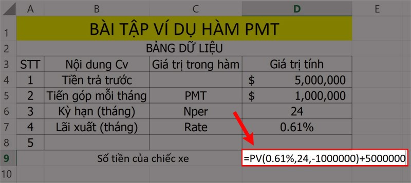 Bài tập hướng dẫn hàm PV tính giá trị hiện tại.