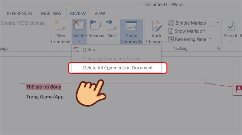 how to delete comments in word 2013