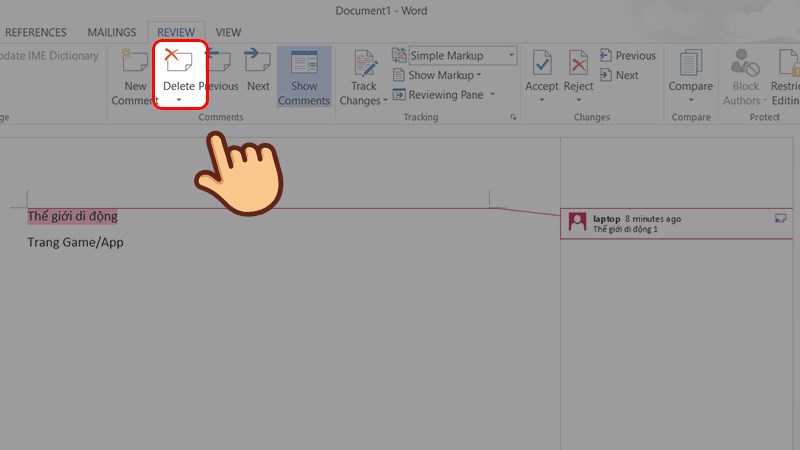 Click vào ô chứa comment và bấm Delete ở ribbon Review