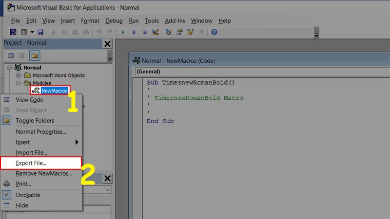 Chọn Modules > Click chuột phải vào NewMacros > Chọn Export File