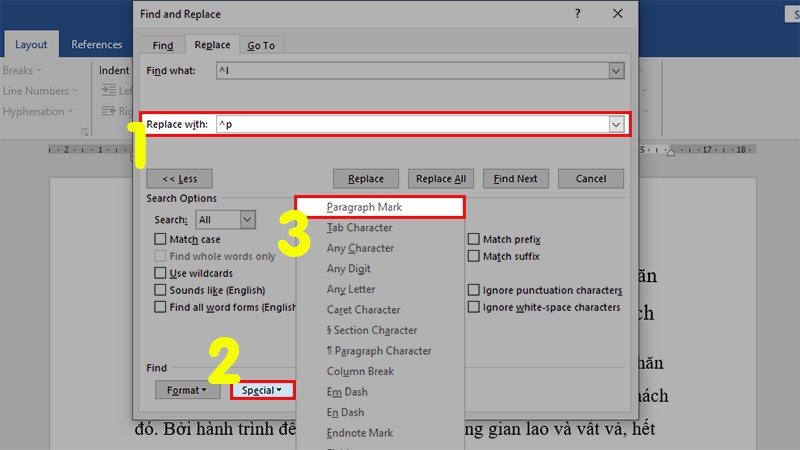 Đặt trỏ chuột vào phần Replace with  Click vào Special  Chọn Paragraph mark sẽ thấy xuất hiện ký tự ^p như hình