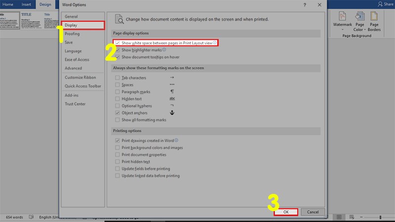 Ở hộp thoại hiện lên  Chọn phần Display  Ở phần Page display options  Tích chọn vào Show white space between pages in Print Layout view  Nhấn OK để hiện lề trên và lề dưới cho trang Word