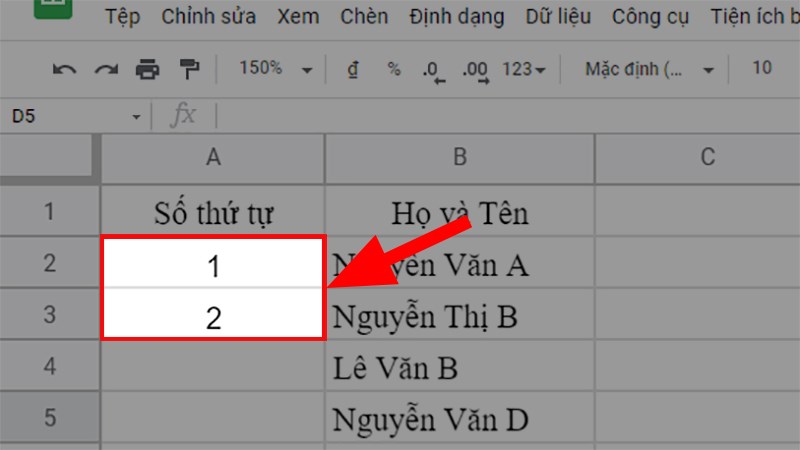 Nhập liên tiếp số 1 và 2 giống như trong hình ở 2 ô đầu tiên cần đánh số thứ tự