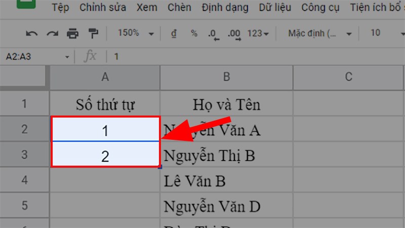 Tô chọn cả 2 ô chứa số 1 và 2 vừa nhập ở bước 1