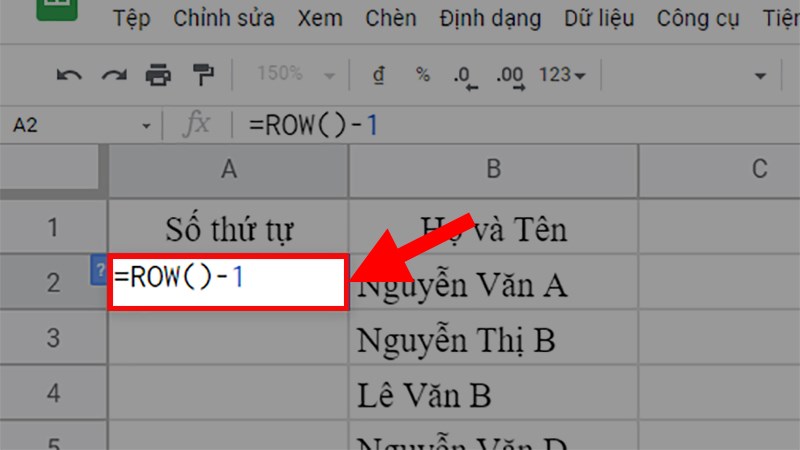 Đi đến ô cần đánh số thứ tự > Nhập hàm =ROW()-1 vào ô đó