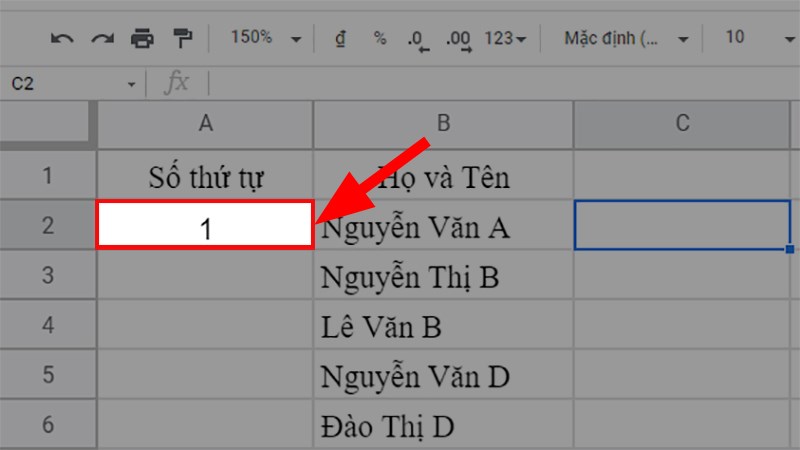 Bạn nhập số 1 vào ô đầu tiên cần đánh số thứ tự, ở đây là ô A2