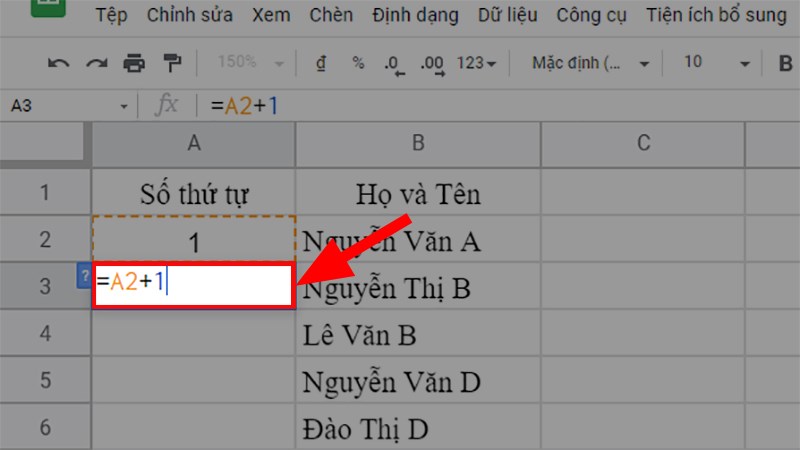 Ở ô A3 bạn nhập =A2+1