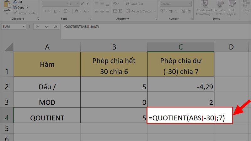 Dùng hàm ABS kết hợp với hàm QUOTIENT