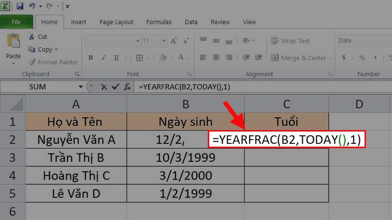 Nhập công thức =YEARFRAC(B2,TODAY(),1)