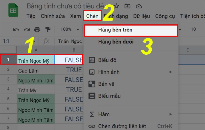 Chèn hàng trong Google Sheet.