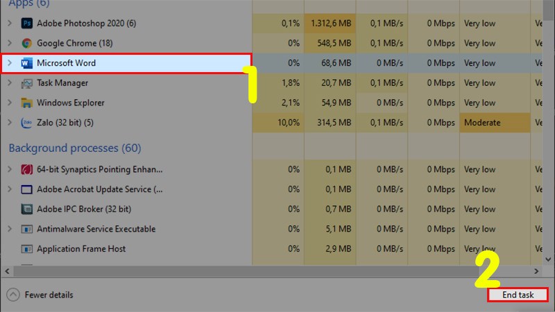 Tìm kiếm và click chuột vào Word  Nhấn chọn End task