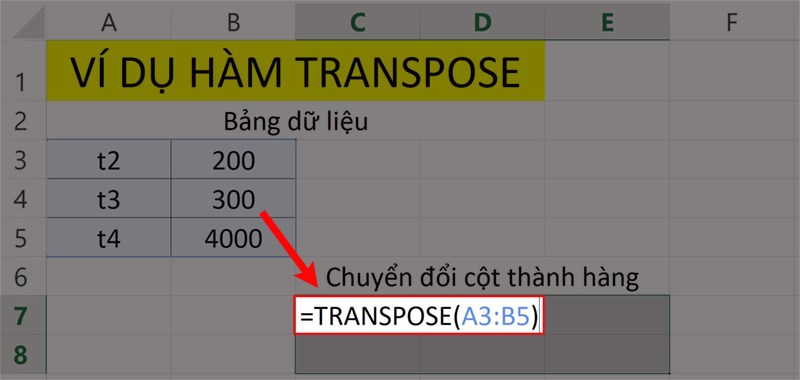 Ví dụ minh họa hàm TRANSPOSE.