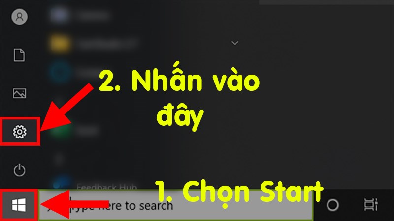 Nhấn vào nút Start trên thanh tác vụ  Chọn icon Setting