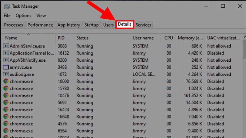 Trên cửa sổ Task Manager, click chọn tab Details (đối với Windows 10) hoặc tab Processes (đối với Windows 7, 8)