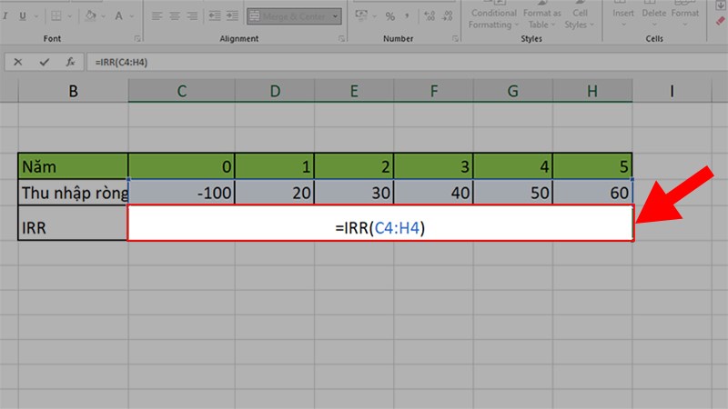Nhập hàm =IRR(C4:H4)