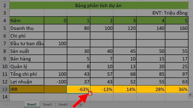 Để con chuột vào ô chứa kết quả trên, kéo hình vuông nhỏ ở góc dưới ô sang các năm tiếp theo để áp dụng cho tất cả các ô còn lại