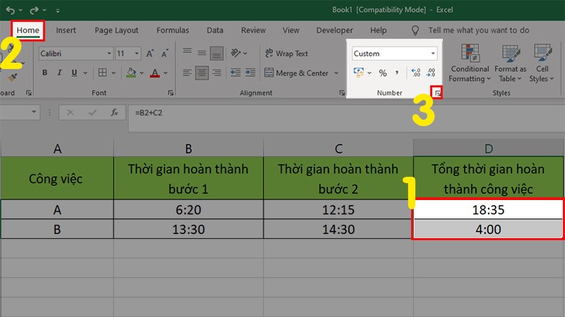 Chọn các ô chứa kết quả  Chọn thẻ Home  Ở mục Number nhấn vào biểu tượng mũi tên ở góc dưới bên phải