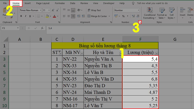 Bôi đen dữ liệu ở cột Lương  Home  Nhấn vào mũi tên chéo xuống ở phần Number