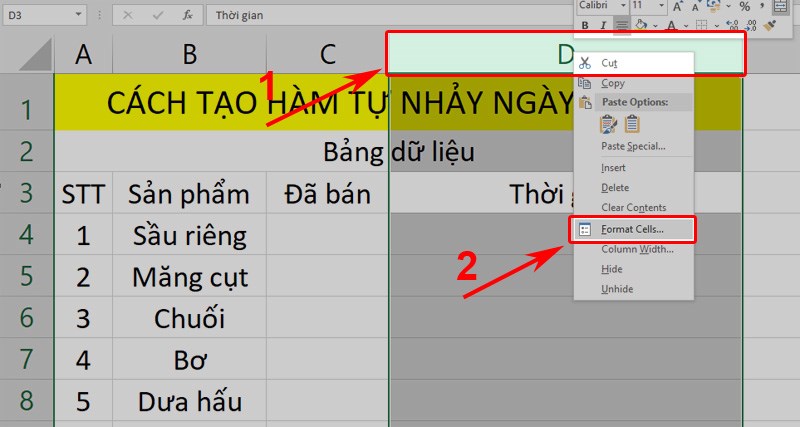 Chọn ô dữ liệu thời gian, nhấn chuột phải và chọn Format Cells...