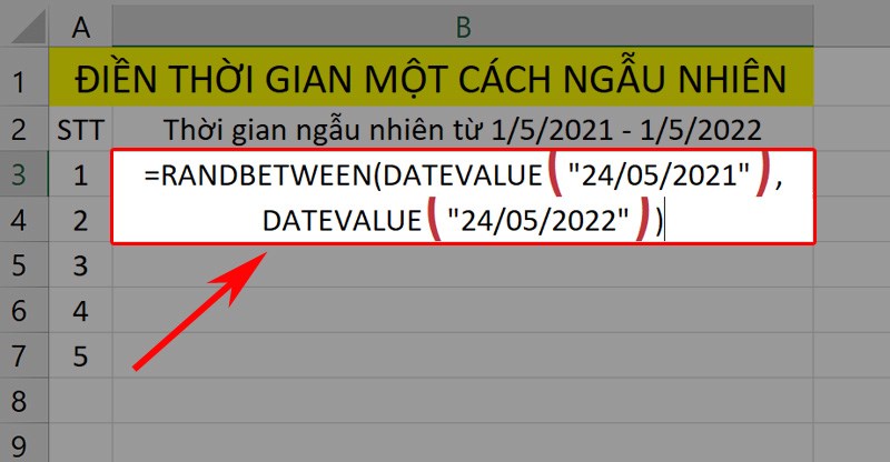 Nhập hàm theo cú pháp để điền thời gian ngẫu nhiên